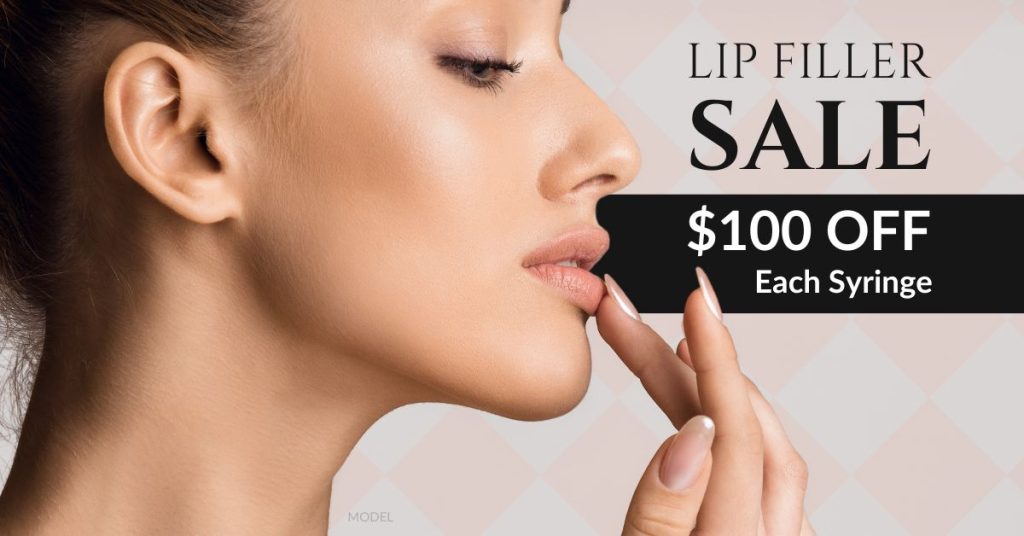 Woman with plump lips (model) next to promo text - Lip Filler Sale: $100 OFF Each Syringe