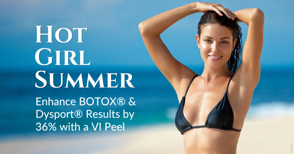 Hot Girl Summer! Enhance BOTOX® or Dysport® Results by 36% with a VI Peel (Model: Beautiful woman in bikini on the beach, smiles at camera while pulling back her wet hair)