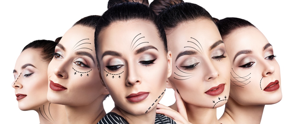 multiple faces of woman with different angles showing facelift contour lines